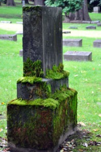 tall, moss-covered headstone at graveyard