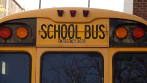 emergency back door exit of a yellow school bus