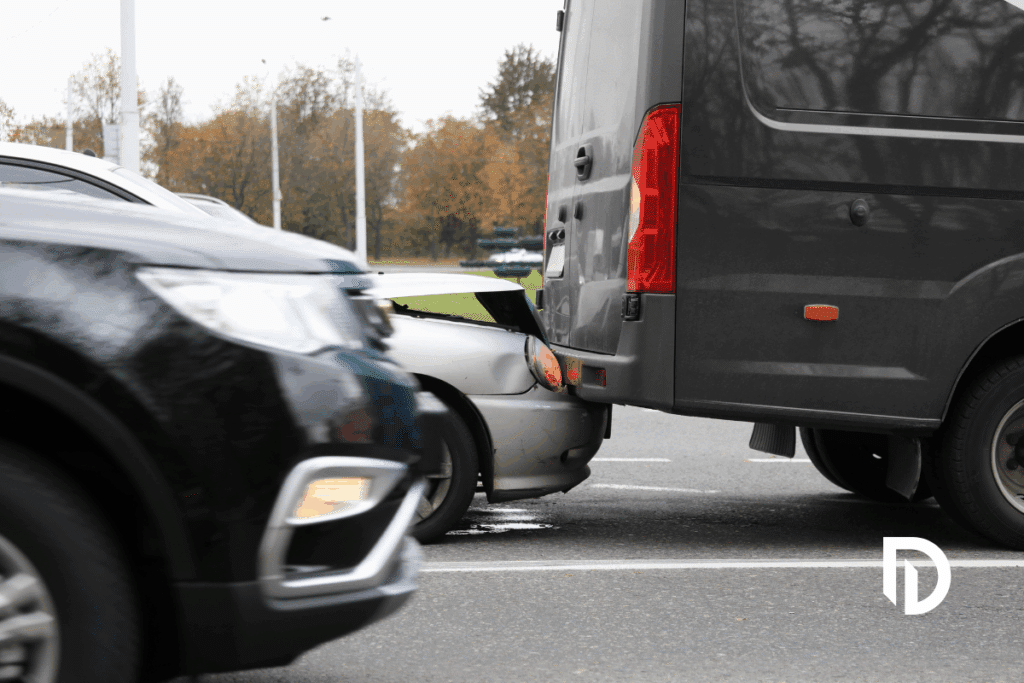 Silver sedan collided with the back of a delivery van as a black SUV drives by