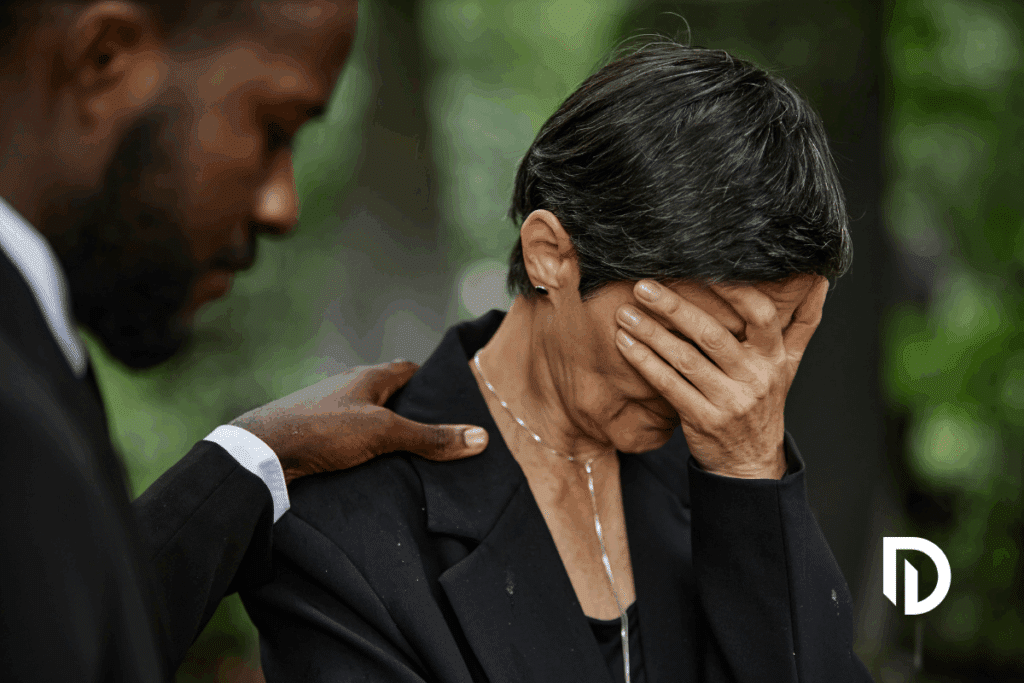 Woman grieving at a funeral, covering her face as a man stands next to her with his hand on her shoulder