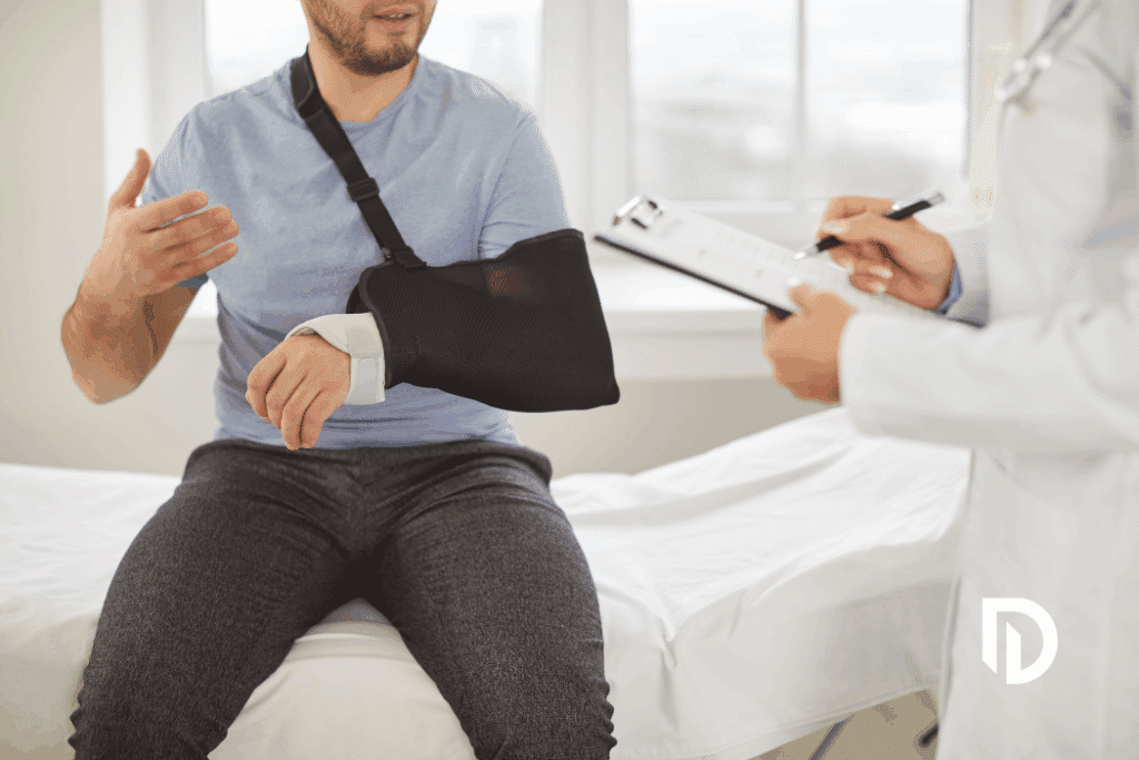 man with a broken arm from a car accident speaking to a doctor