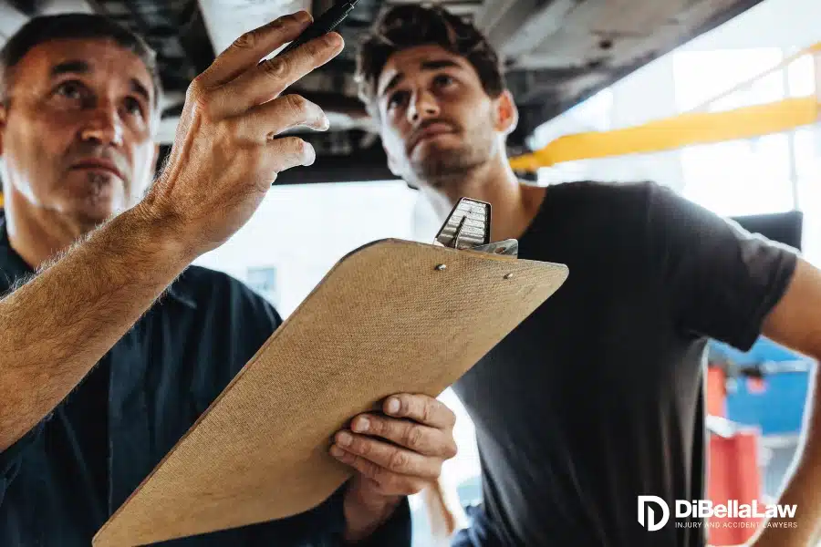 two mechanics looking under a vehicle for an inspection in Massachusetts