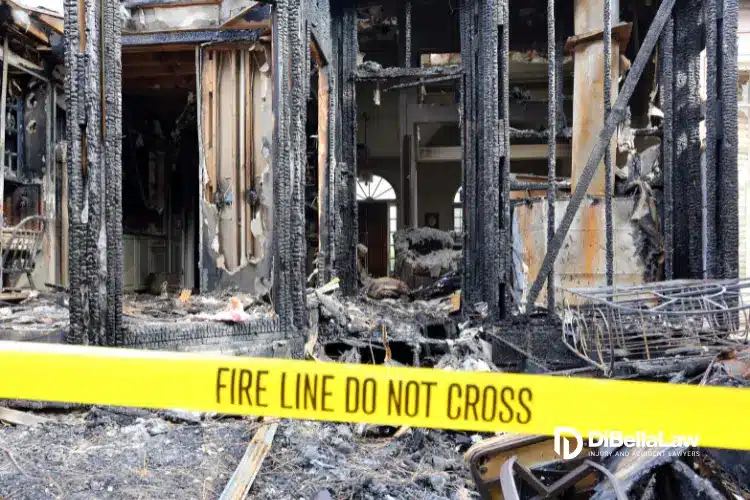Charred remains of a burned building interior, with blackened wooden beams and debris scattered on the ground. A bright yellow 'Fire Line Do Not Cross' tape runs across the foreground. The image is marked with the DiBella Law firm logo in the lower right corner.