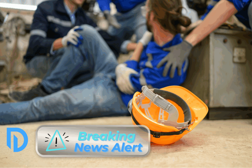 Construction workers that are unfocused in the background assisting a worker who has fallen down and a yellow construction hat is focused on the ground