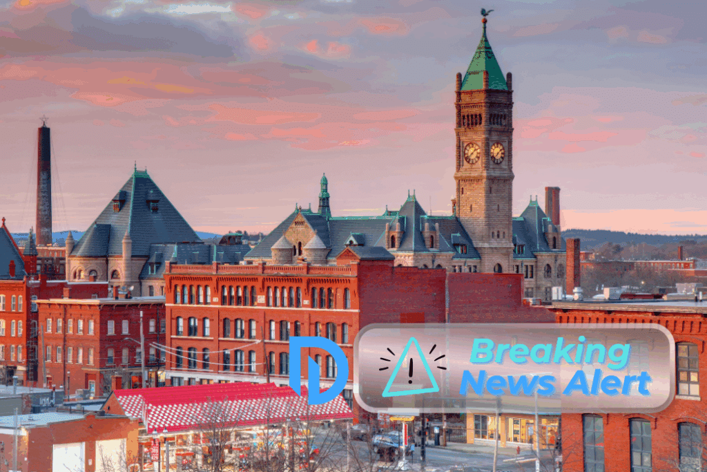 Sunset view of Lowell, MA with DiBella logo and "Breaking News" in the bottom right corner