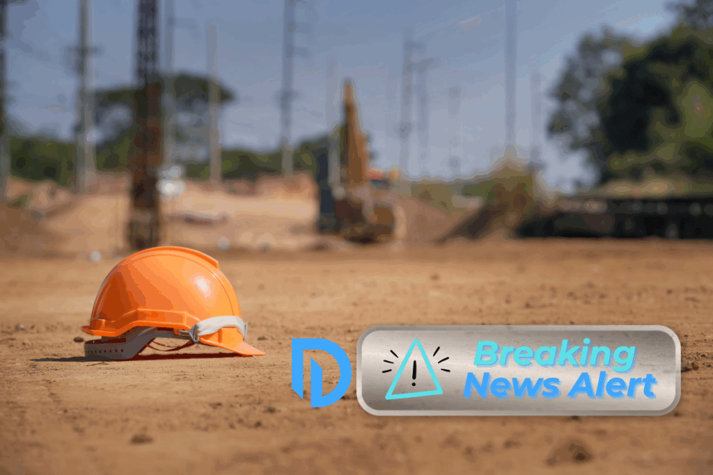 Safety helmet focused on the ground on the dirt ground at a worksite