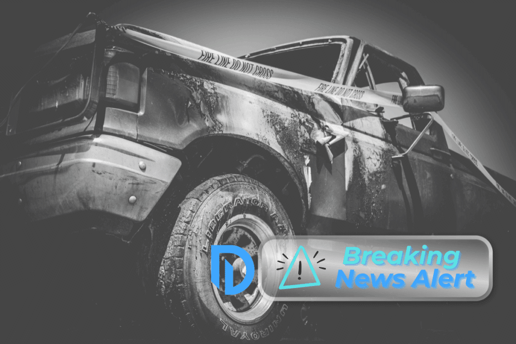 Destroyed pickup truck in sepia tone that has a police line tape wrapped around it