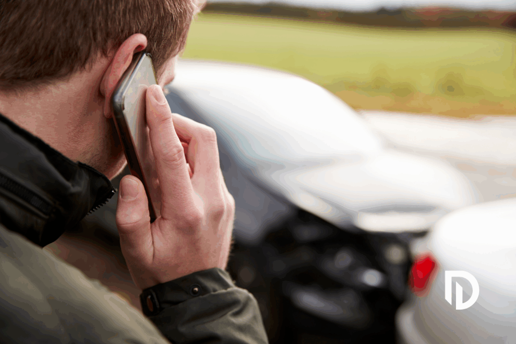 Man standing next to an uber or lyft accident, close up of him talking on the phone