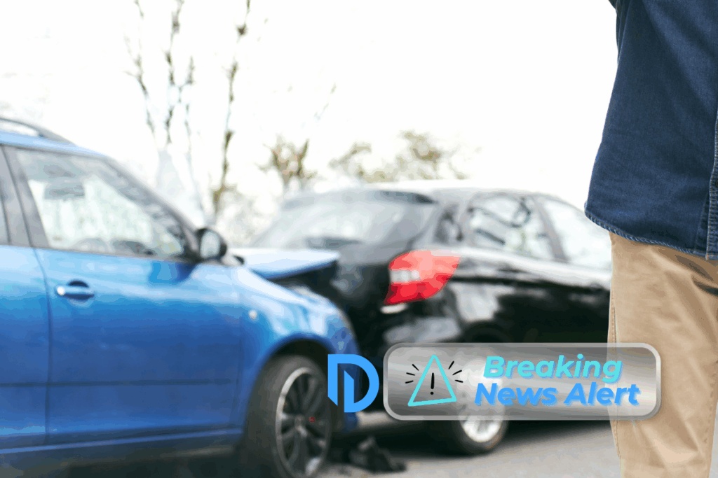 blue car that hit a black car from behind