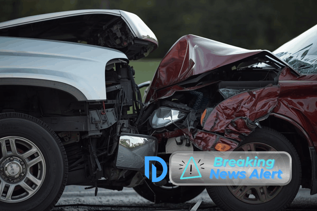 white pick-up truck and maroon car crash in a head-on collision - Newport, NH