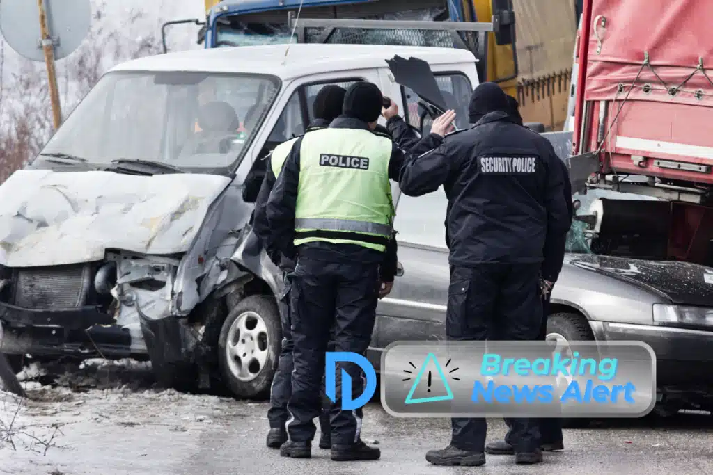 police standing next to accident discussing the group home van collision with truck and other passenger vehicle