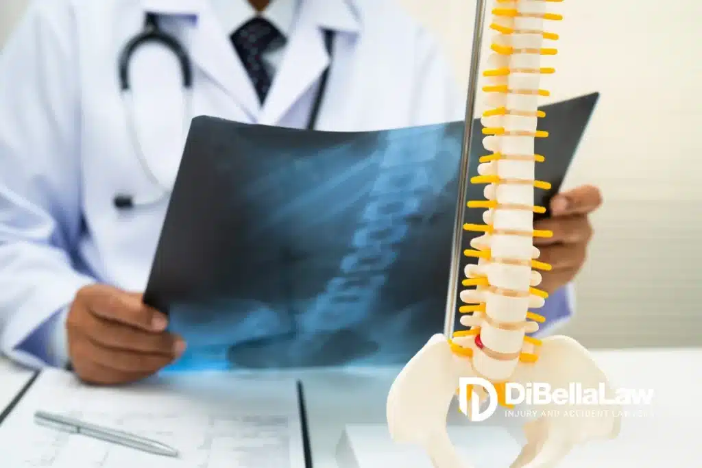 Doctr reviewing a spine X-ray beside a 3D spinal model