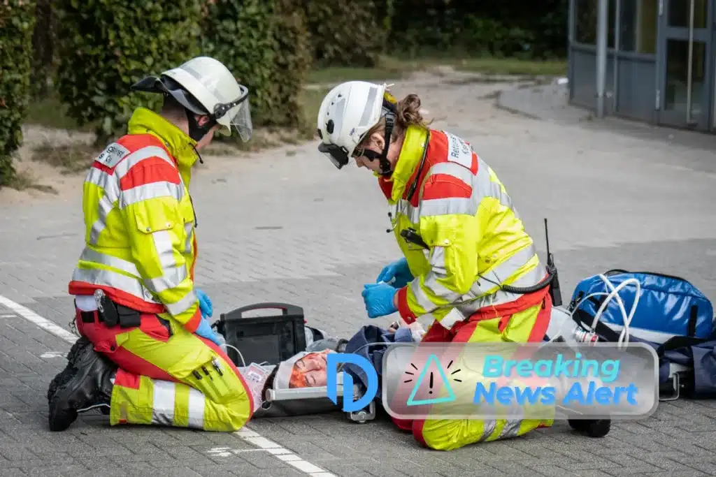 An image of paramedics treating an injured person on the ground: Investigation Underway After 21-Year-Old Female Employee Injured In Accident With Falling Steel Beam At Jaffrey Worksite
