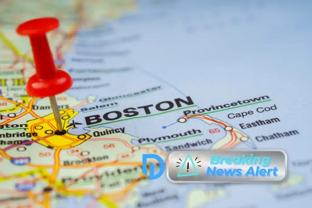 Image shows a map of Boston, MA with a giant red pin the center of the city