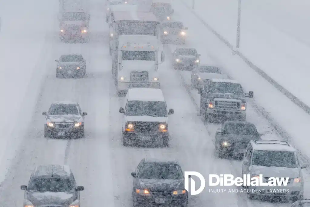 an image of highway traffic during a snowstorm