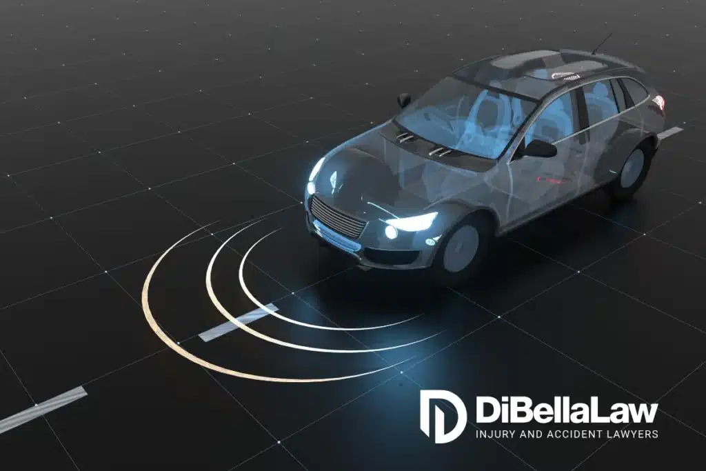An image of an autonomous vehicle with it's censors in the front of the car displaying