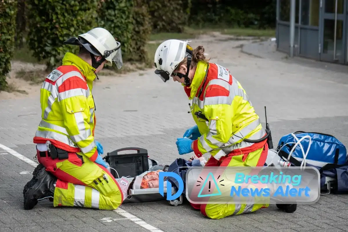 An image of paramedics treating an injured person on the ground: Investigation Underway After 21-Year-Old Female Employee Injured In Accident With Falling Steel Beam At Jaffrey Worksite