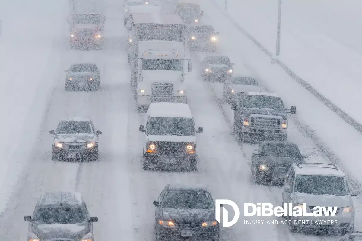 an image of highway traffic during a snowstorm