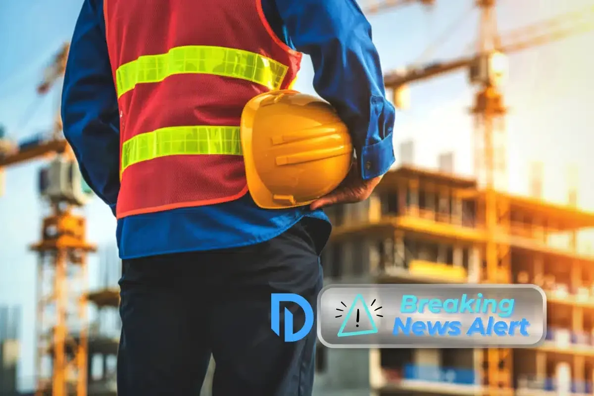 Photo of a construction worker in front of a construction site holding a hard hat