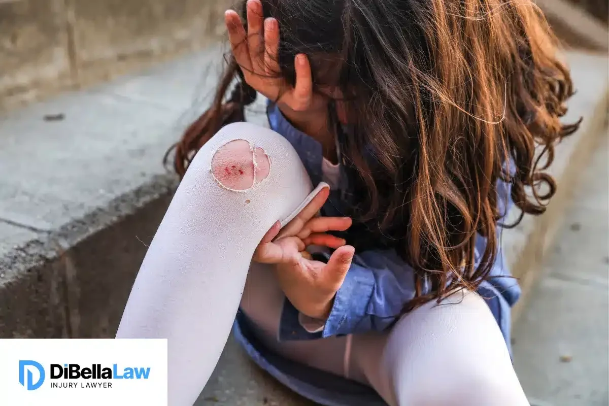 A girl with a knee injury has a tear in her stocking near the affected knee