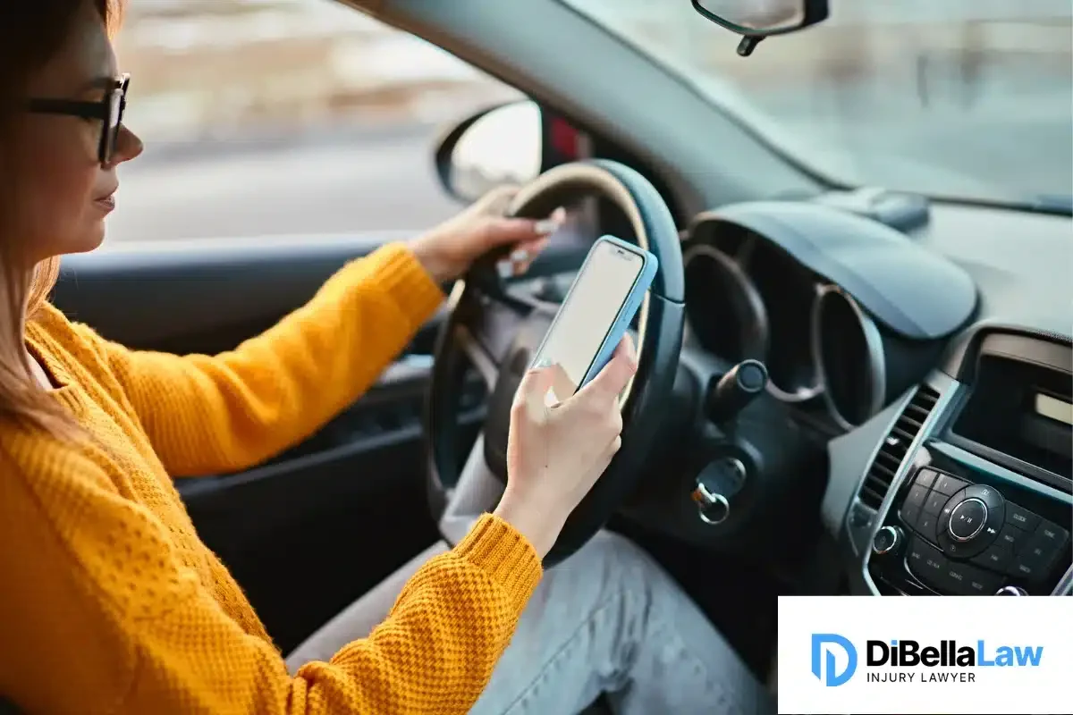 Young woman driver using mobile phone while driving car, unsafe driving.