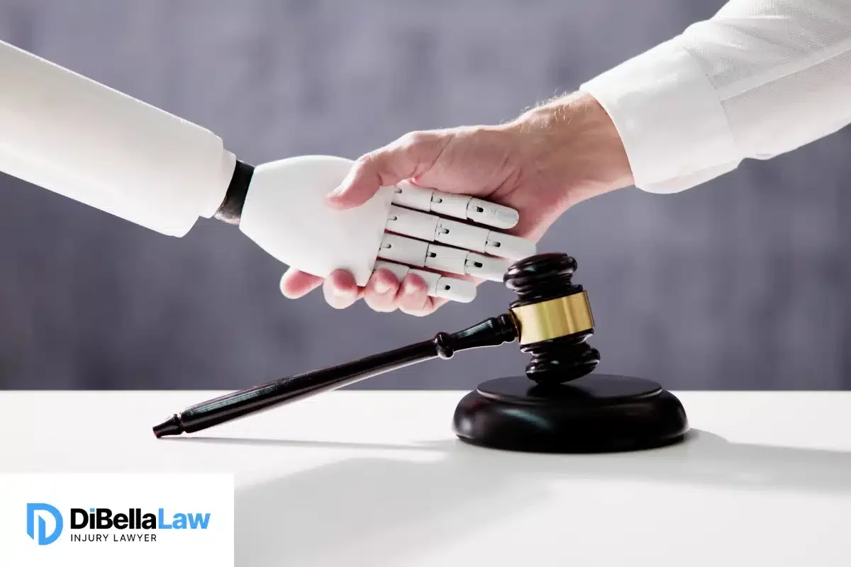 A human hand and a robot hand shaking hands, with a gavel placed on the table.