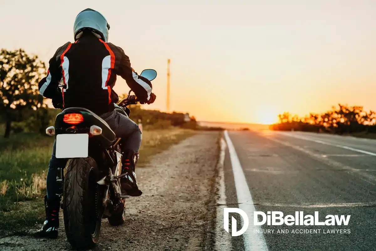 A motorcylce rider on the side of the road at dusk